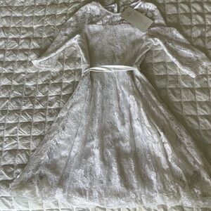 Us Angels White A-line Bell Sleeve Mock Lace Neck Dress